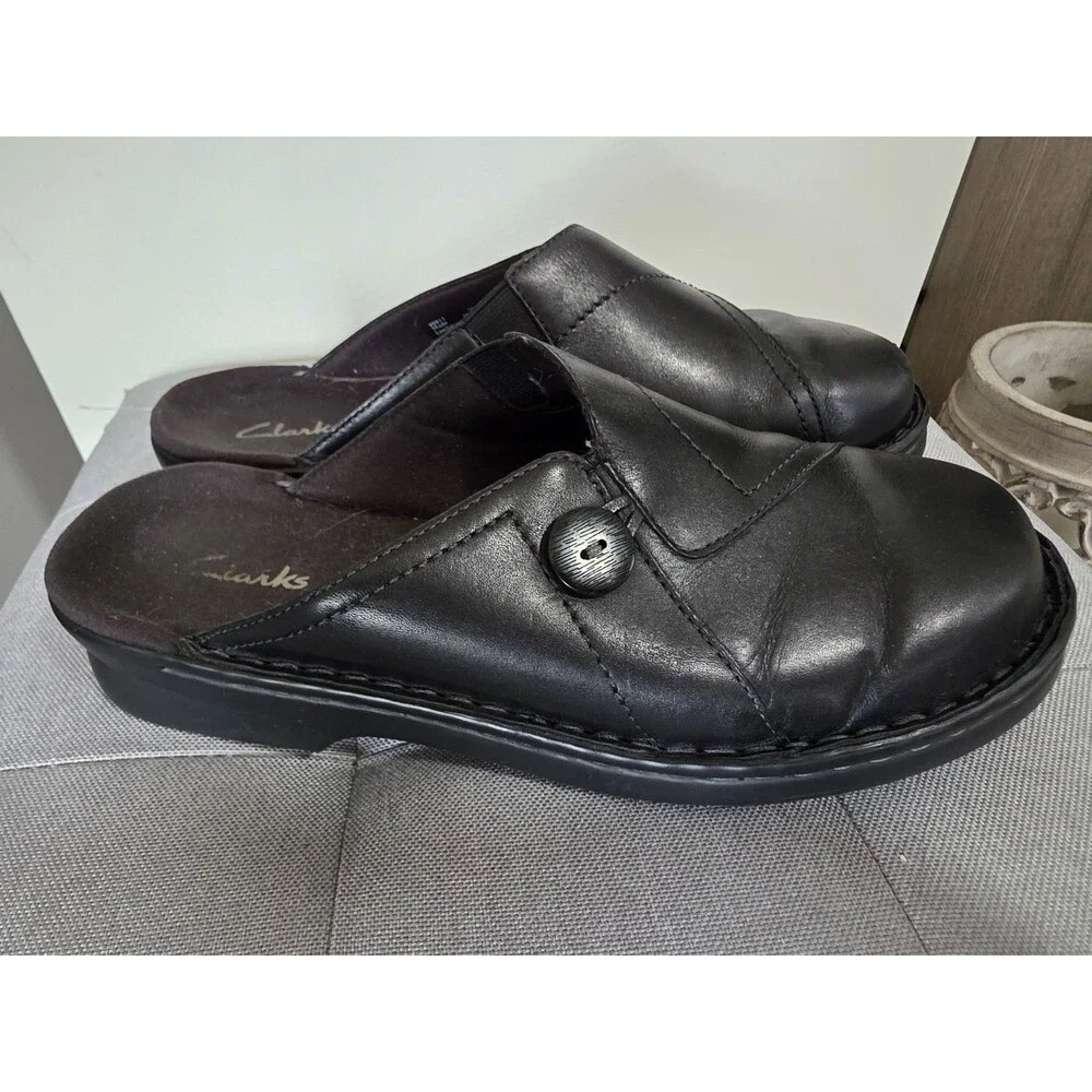 HtF AllYear Clark’s Black Leather Mules Slip On Clogs Wedge Heel Comfort Size 9M
